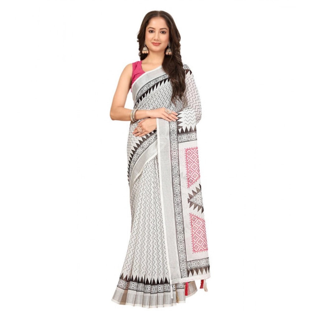 Facinating Women's Linen Printed Saree With Blouse Piece