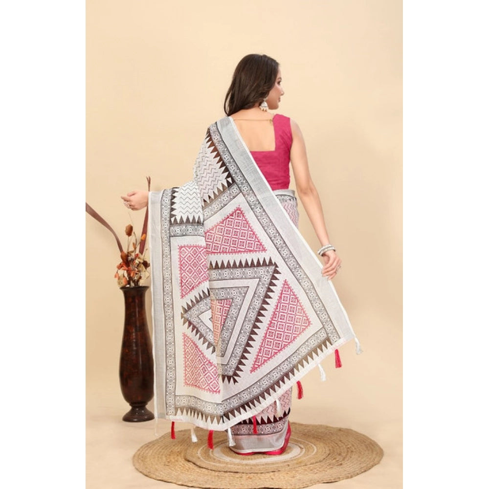Facinating Women's Linen Printed Saree With Blouse Piece