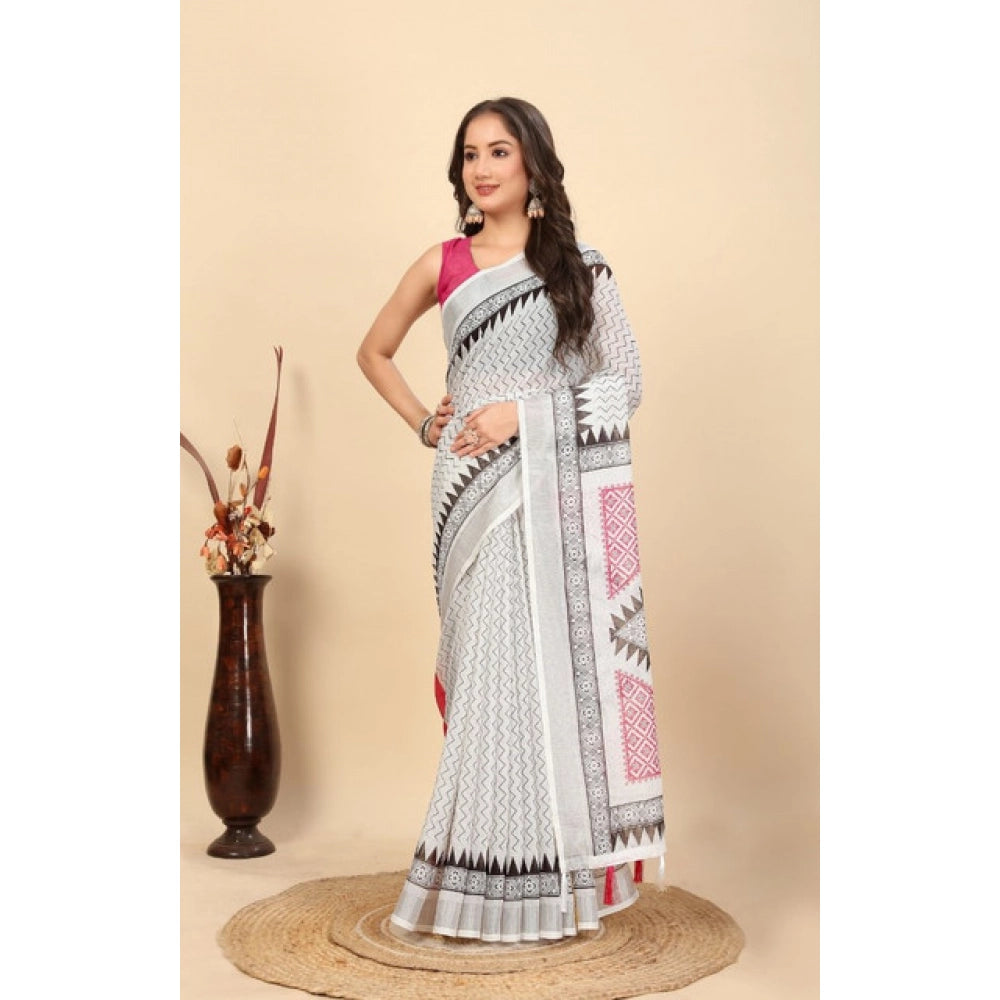 Facinating Women's Linen Printed Saree With Blouse Piece