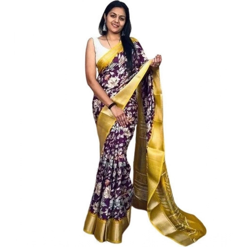 Astonishing Women's Cotton Blend Floral Printed Saree With Blouse Piece