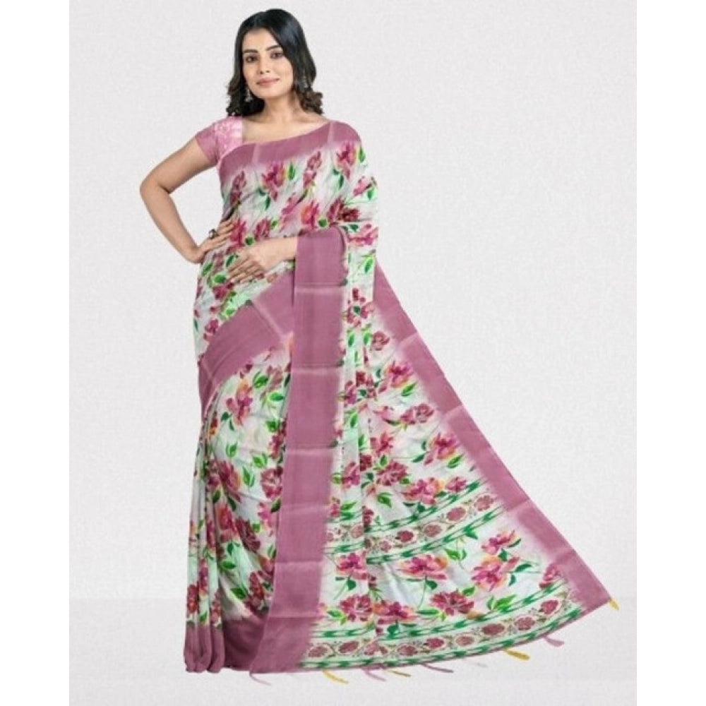 Astonishing Women's Cotton Blend Floral Printed Saree With Blouse Piece