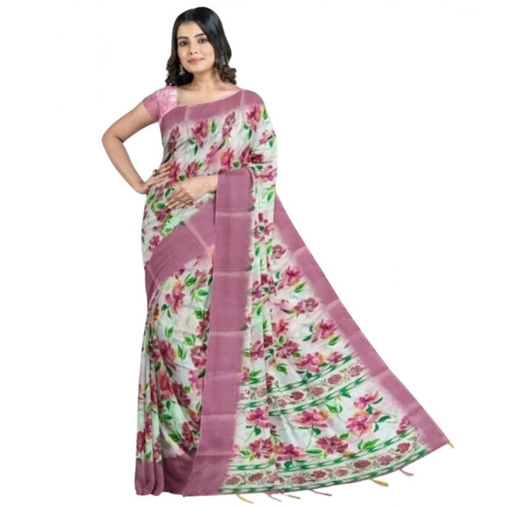 Astonishing Women's Cotton Blend Floral Printed Saree With Blouse Piece