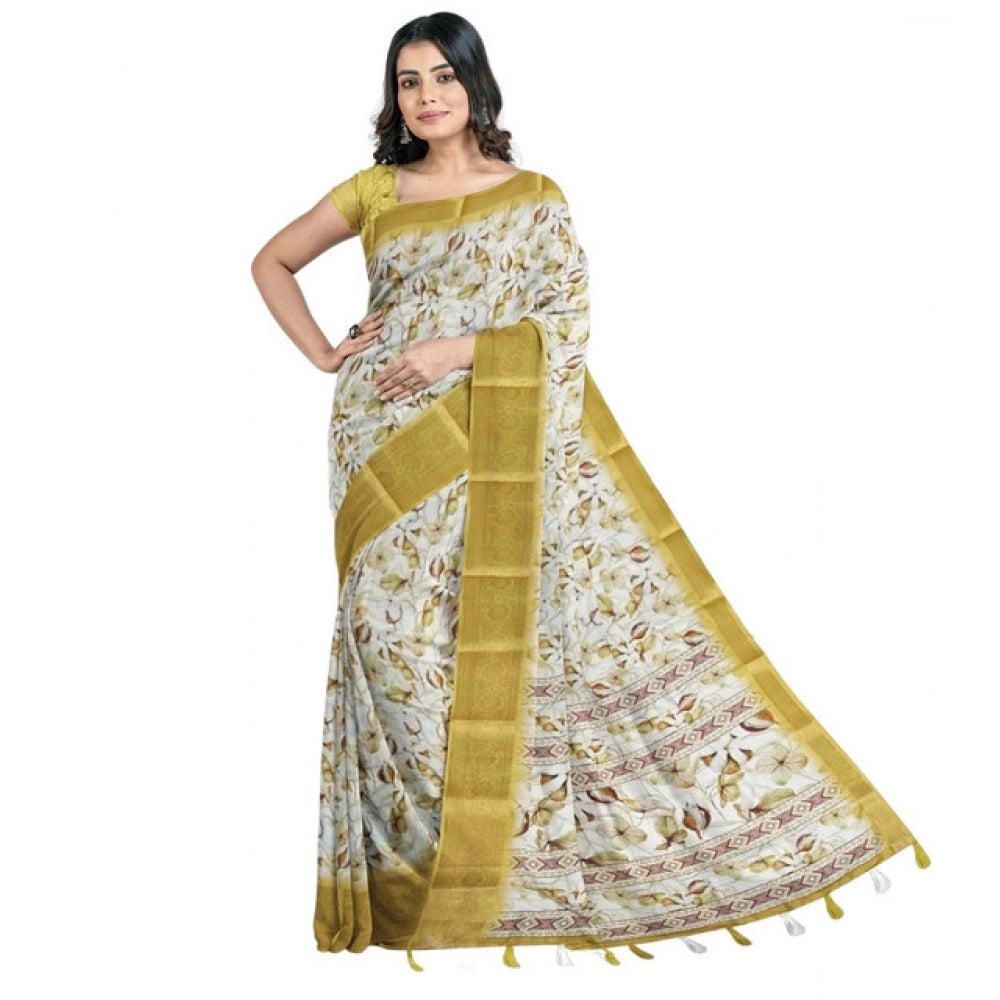 Astonishing Women's Cotton Blend Floral Printed Saree With Blouse Piece