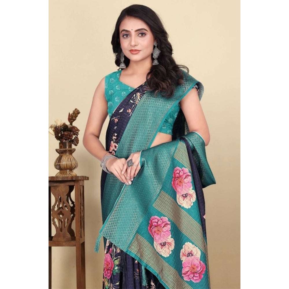 Astonishing Women's Cotton Blend Floral Printed Saree With Blouse Piece