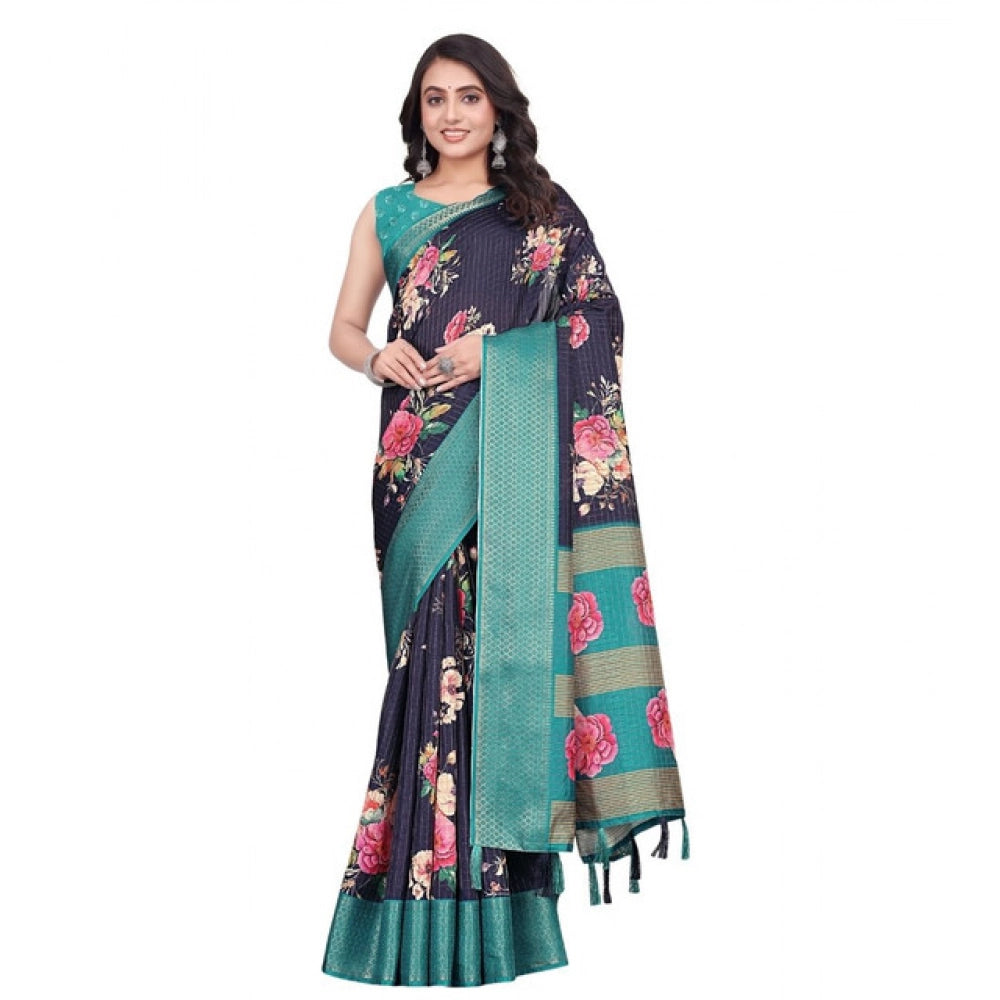Astonishing Women's Cotton Blend Floral Printed Saree With Blouse Piece