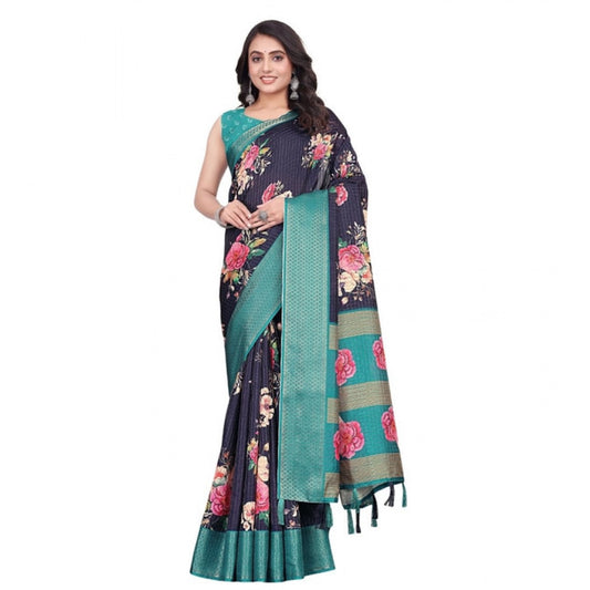 Astonishing Women's Cotton Blend Floral Printed Saree With Blouse Piece