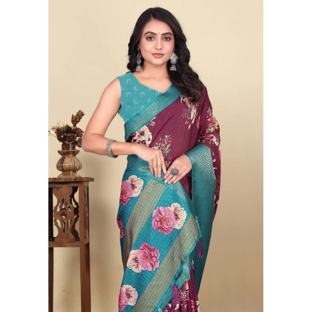 Astonishing Women's Cotton Blend Floral Printed Saree With Blouse Piece