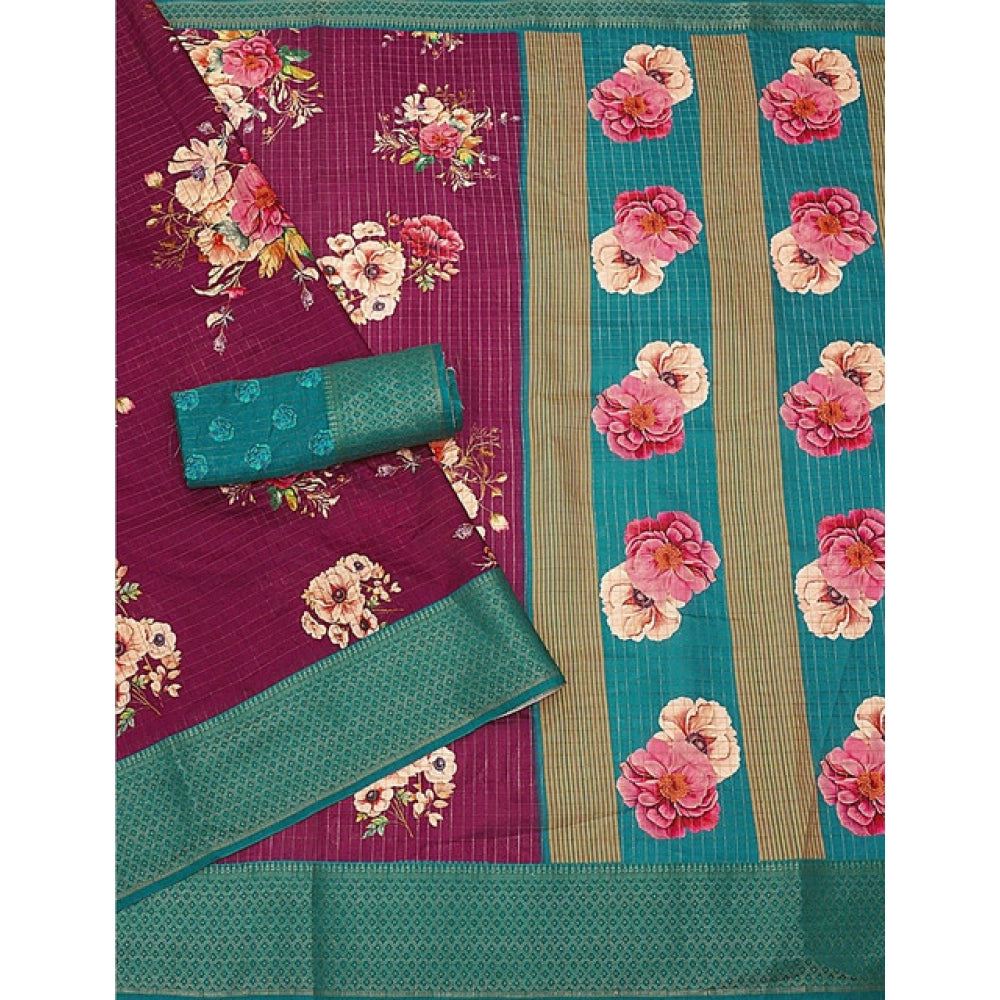 Astonishing Women's Cotton Blend Floral Printed Saree With Blouse Piece