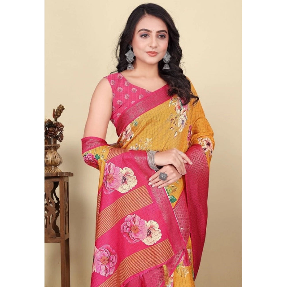 Astonishing Women's Cotton Blend Floral Printed Saree With Blouse Piece