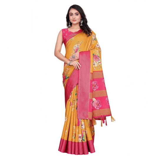 Astonishing Women's Cotton Blend Floral Printed Saree With Blouse Piece