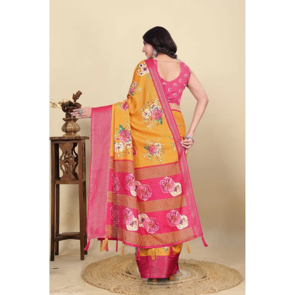 Astonishing Women's Cotton Blend Floral Printed Saree With Blouse Piece