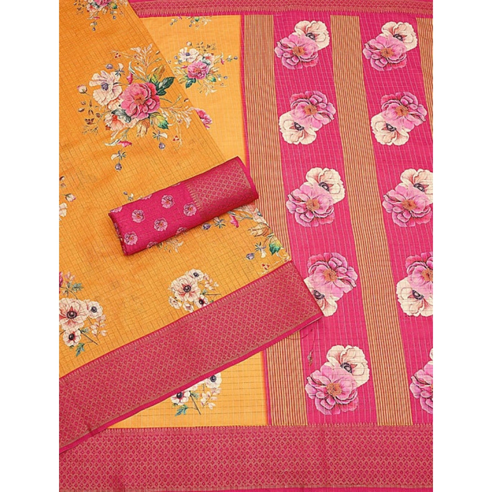 Astonishing Women's Cotton Blend Floral Printed Saree With Blouse Piece