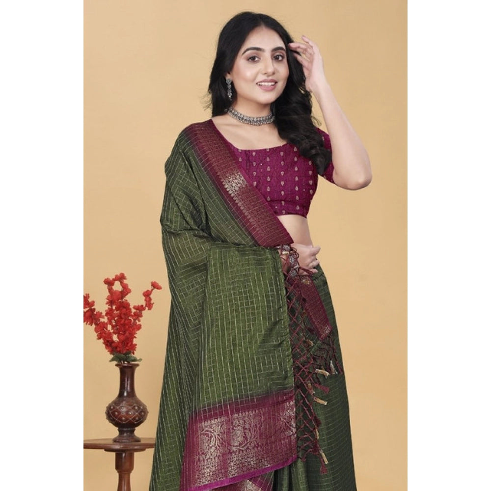 Embellished Women's Cotton Blend Checkered Saree With Blouse Piece