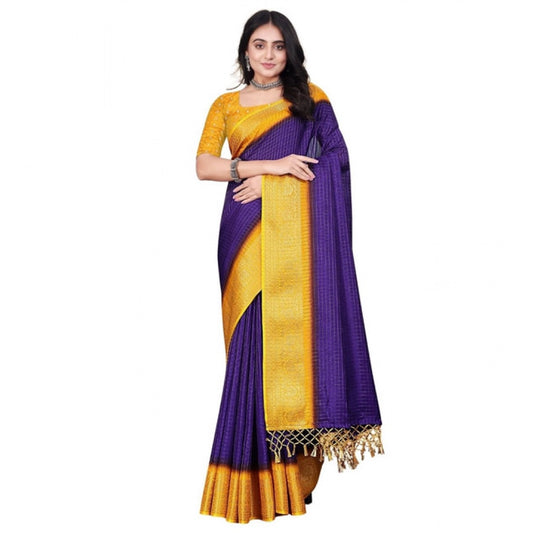 Embellished Women's Cotton Blend Checkered Saree With Blouse Piece