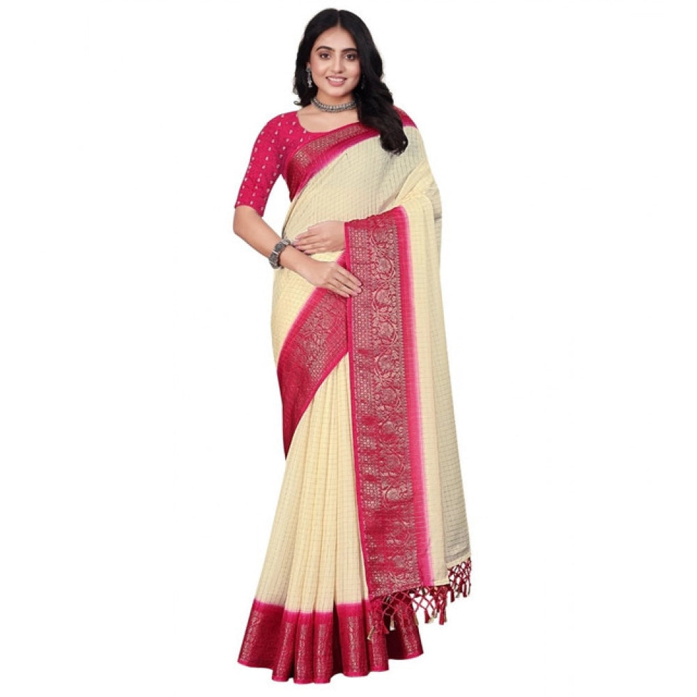 Embellished Women's Cotton Blend Checkered Saree With Blouse Piece