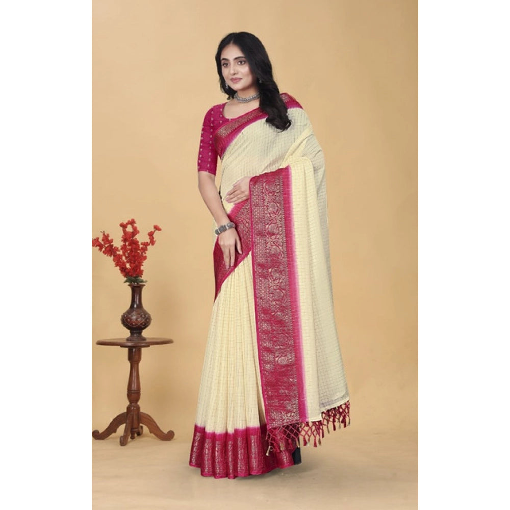 Embellished Women's Cotton Blend Checkered Saree With Blouse Piece