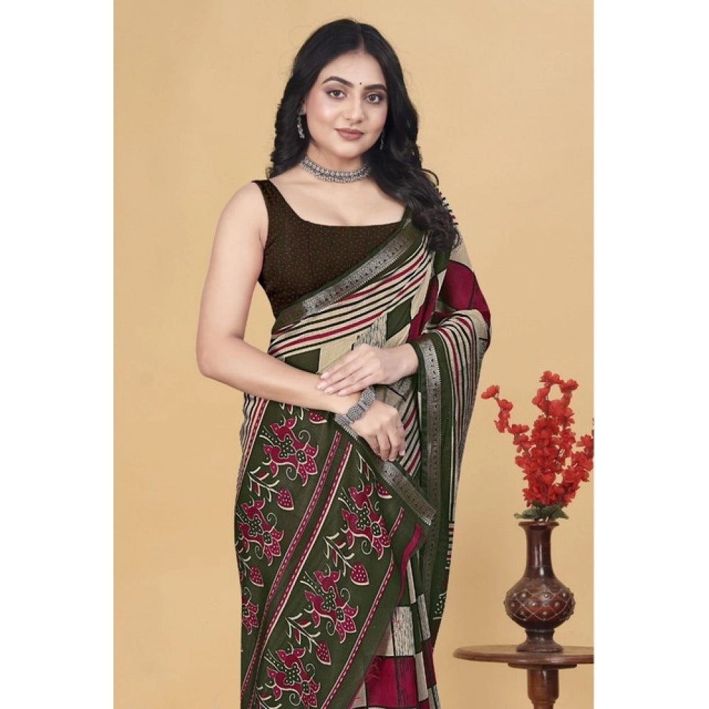 Facinating Women's Dupion Silk Block Printed Saree With Blouse Piece