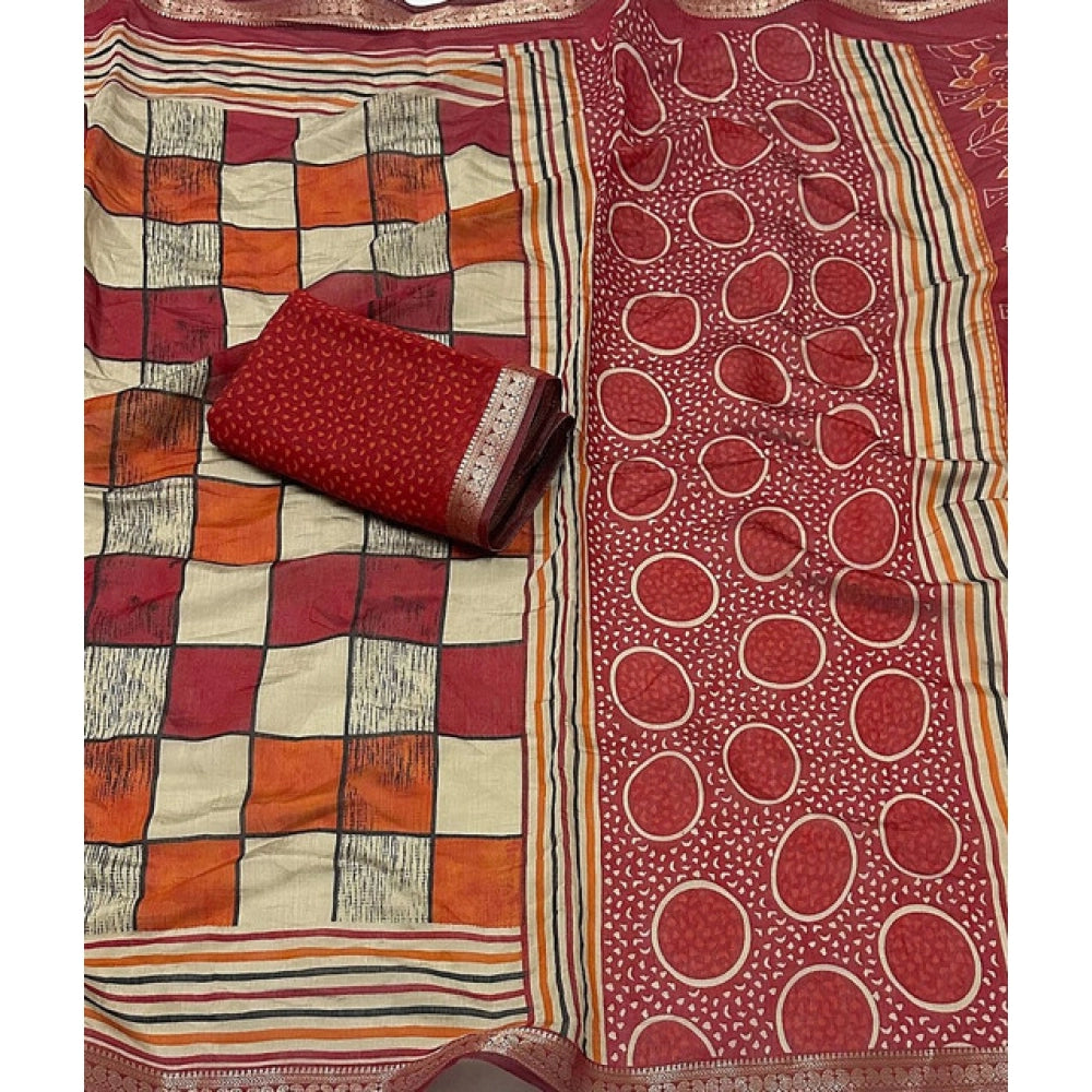 Facinating Women's Dupion Silk Block Printed Saree With Blouse Piece