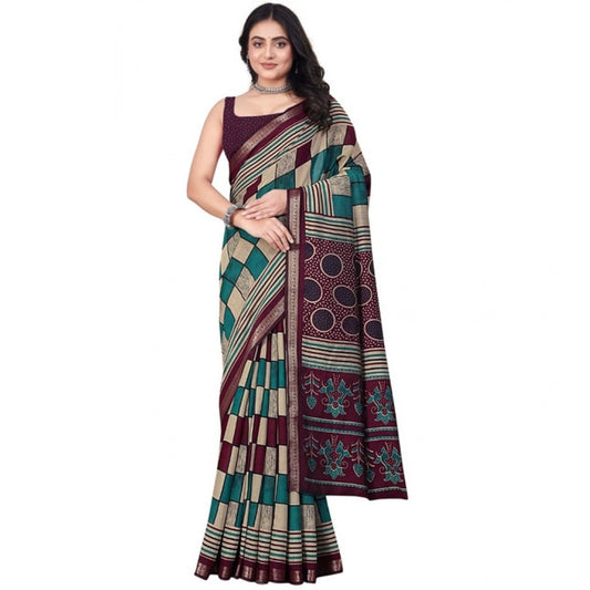 Facinating Women's Dupion Silk Block Printed Saree With Blouse Piece