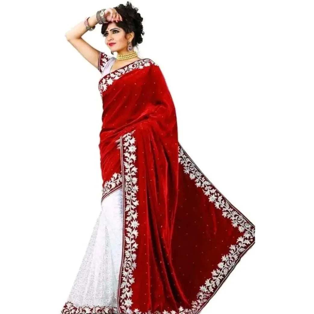 Classic Velvet Embroidered Saree With Blouse piece