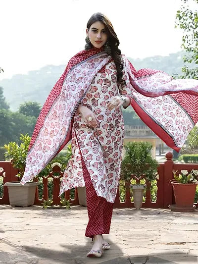 Elegant Cotton Printed Kurta Pant Dupatta Set