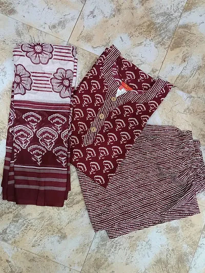 Elegant Cotton Printed Kurta Pant Dupatta Set