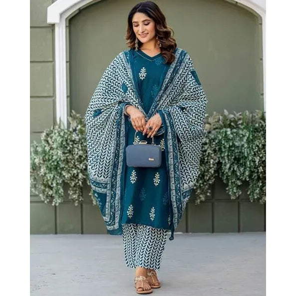 Voguish Women's Cotton Blend Printed Kurti With Pant Dupatta Set