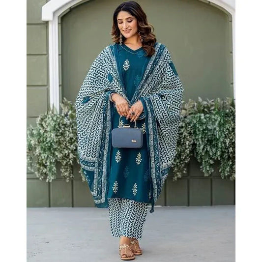 Voguish Women's Cotton Blend Printed Kurti With Pant Dupatta Set