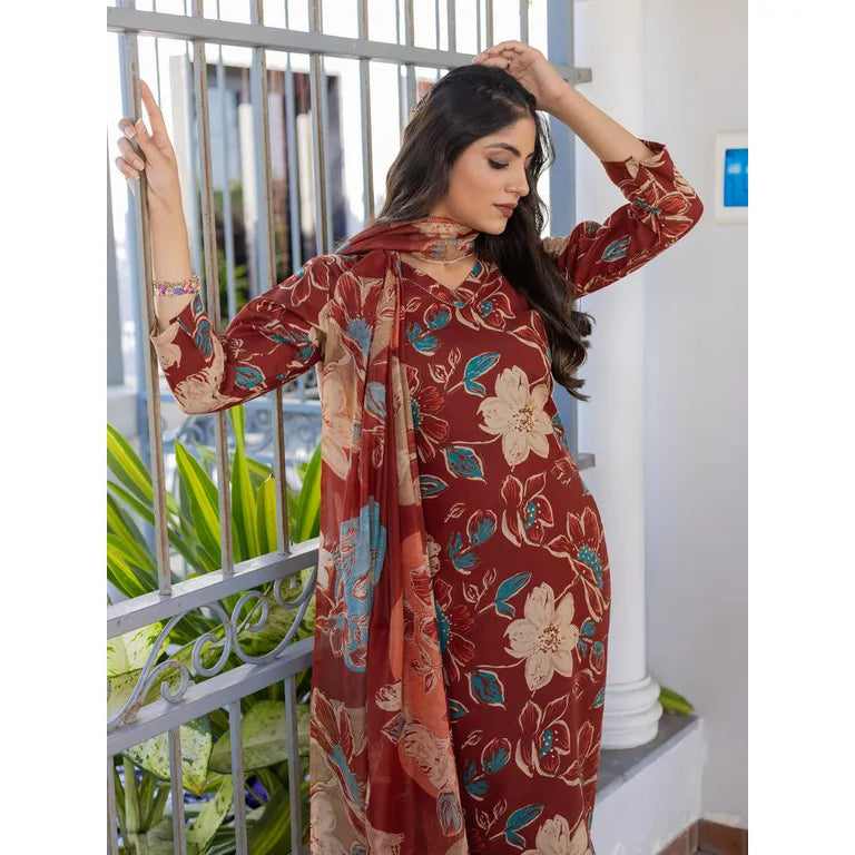 Voguish Women's Cotton Blend Printed Kurti With Pant Dupatta Set