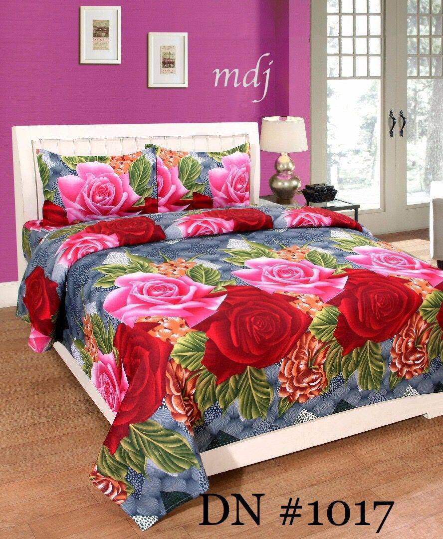 Multicoloured Polycotton Graphic Printed King Size Bedsheet With 2 Pillowcovers