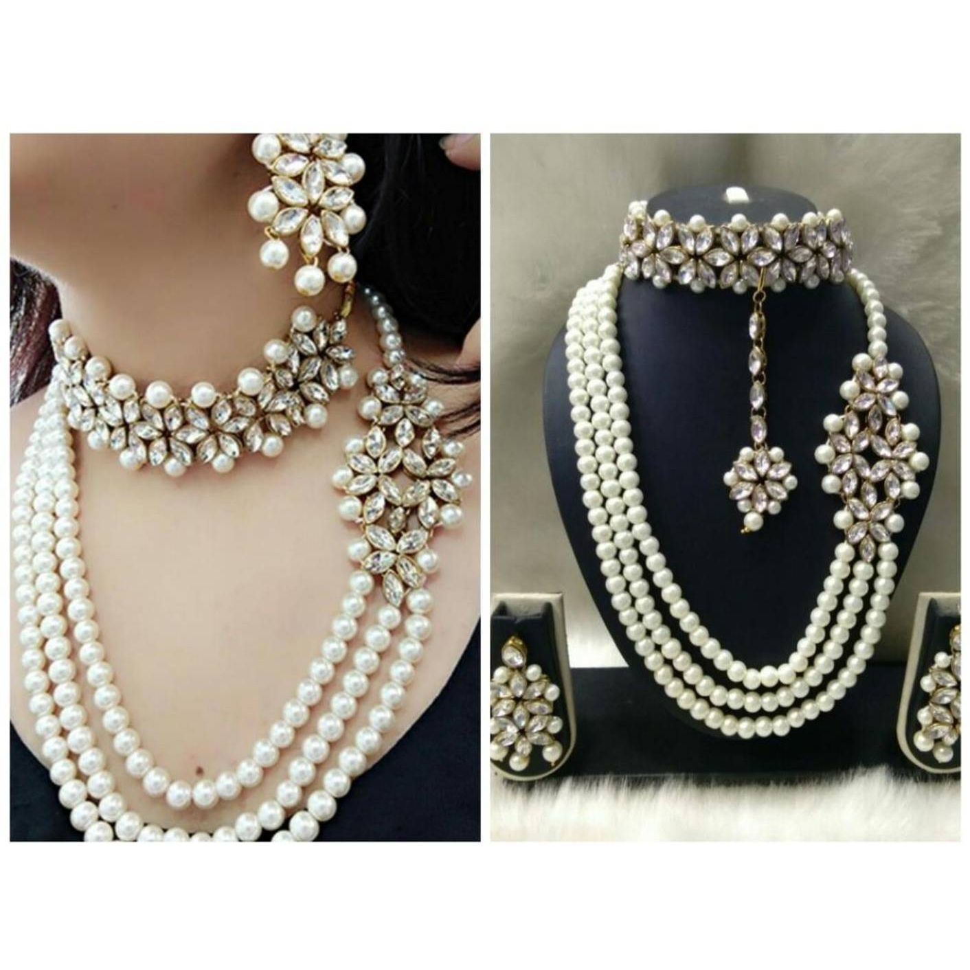 Ethnic Long Alloy and Pearl Necklace Set