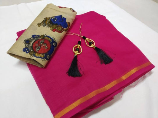 Fancy Chanderi Cotton Saree With Banglori Cotton Blouse Piece