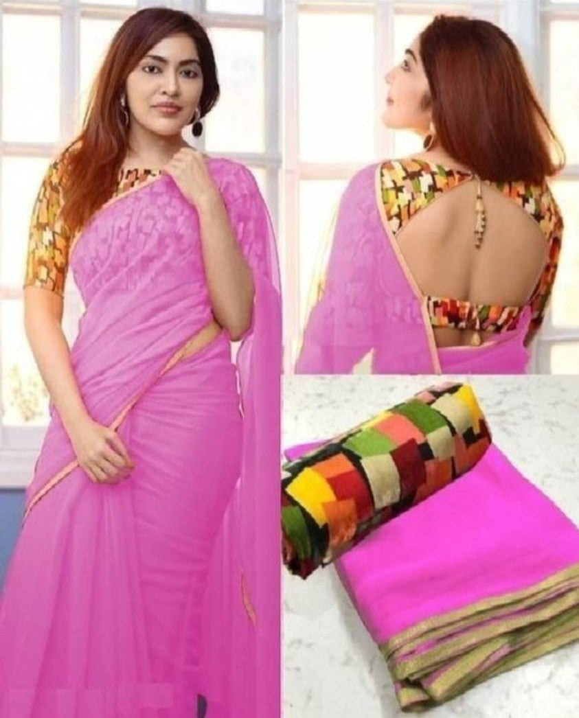 Attractive Georgette Solid Saree with Blouse piece