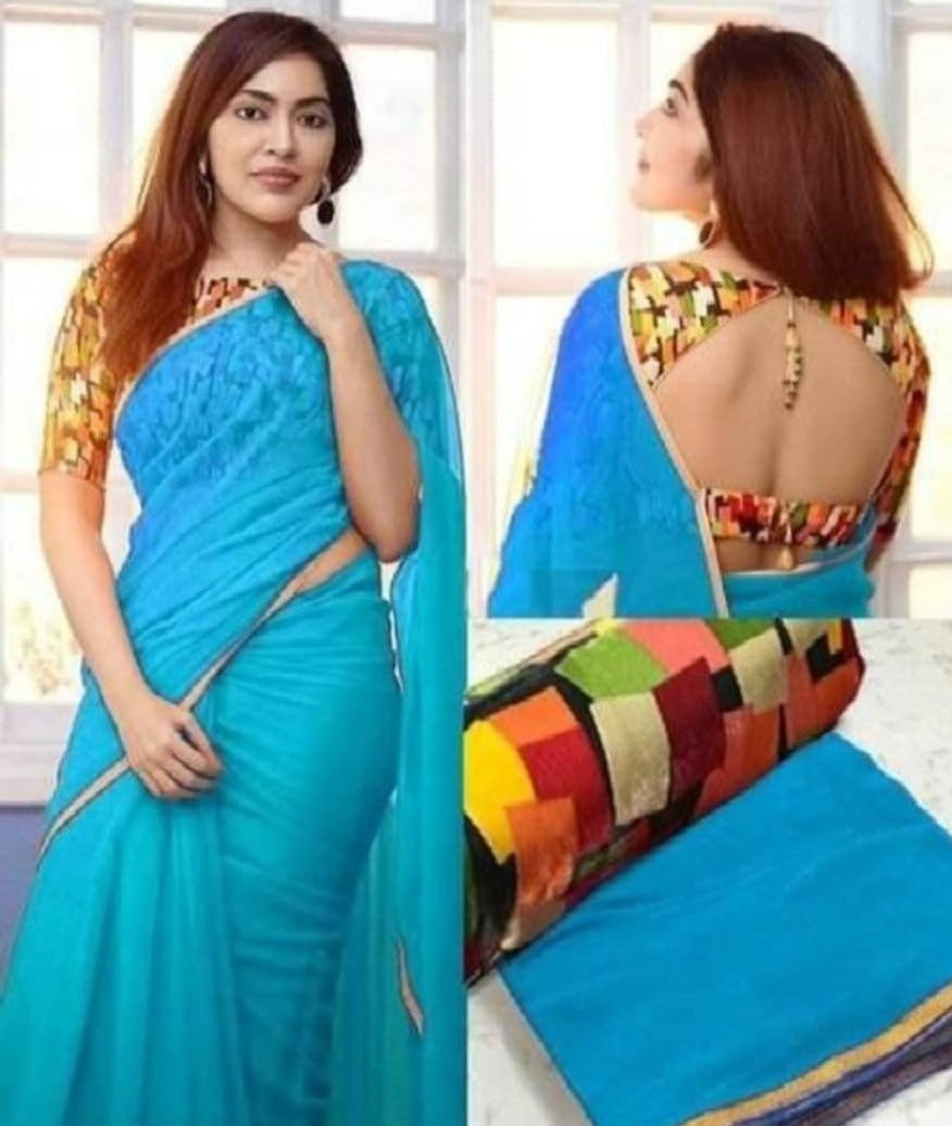 Attractive Georgette Solid Saree with Blouse piece