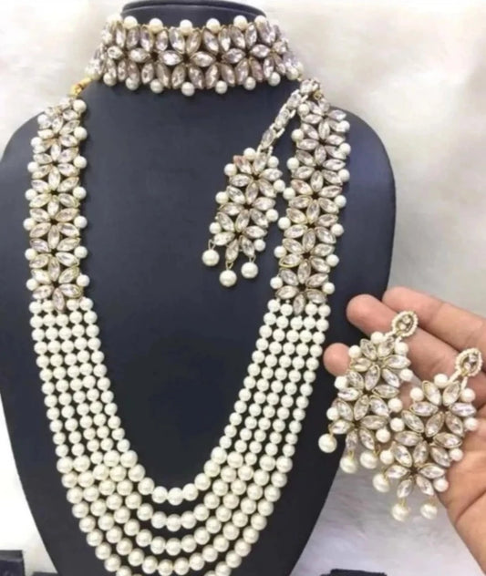 Glamorous Pearl Choker with Long Necklace Set with Maangtikka