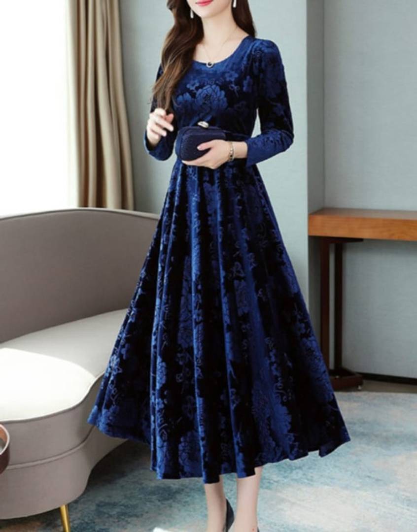 Navy Blue Self Pattern Velvet Long Dress