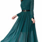 Dazzling Solid Collar Long Dress with Belt