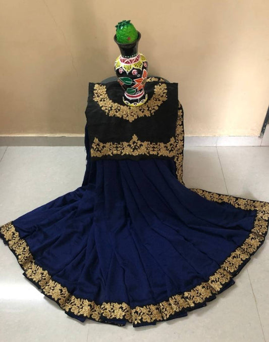 Beautiful Vichitra Silk Embroidered Lace Border Saree