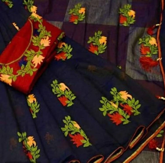 Trendy Chanderi Cotton Floral Embroidered Saree