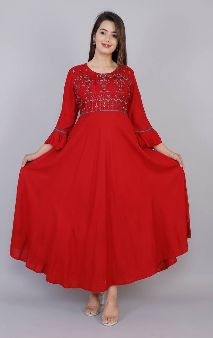 Elegant Red Embroidered Rayon Kurti
