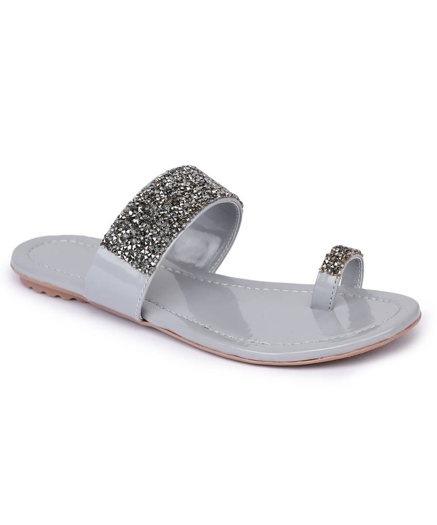 Women's Fancy Grey Synthetic Embellished One Toe Slippers