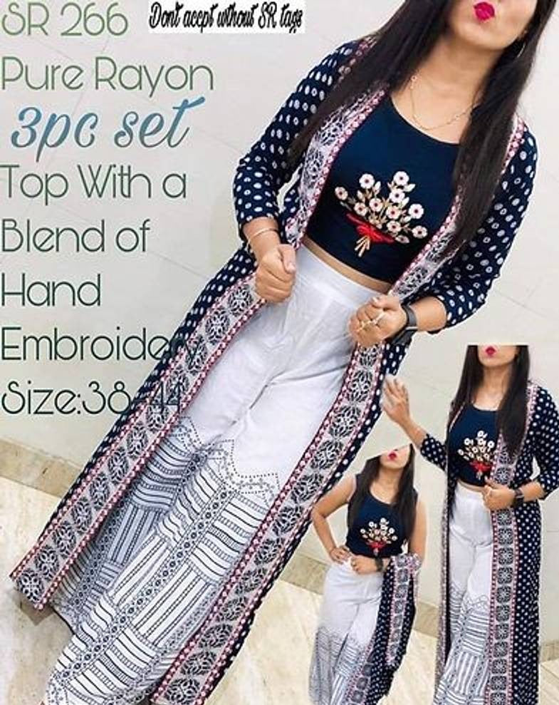 Gorgeous Embroidered Rayon Top Palazzo Set with Shrug