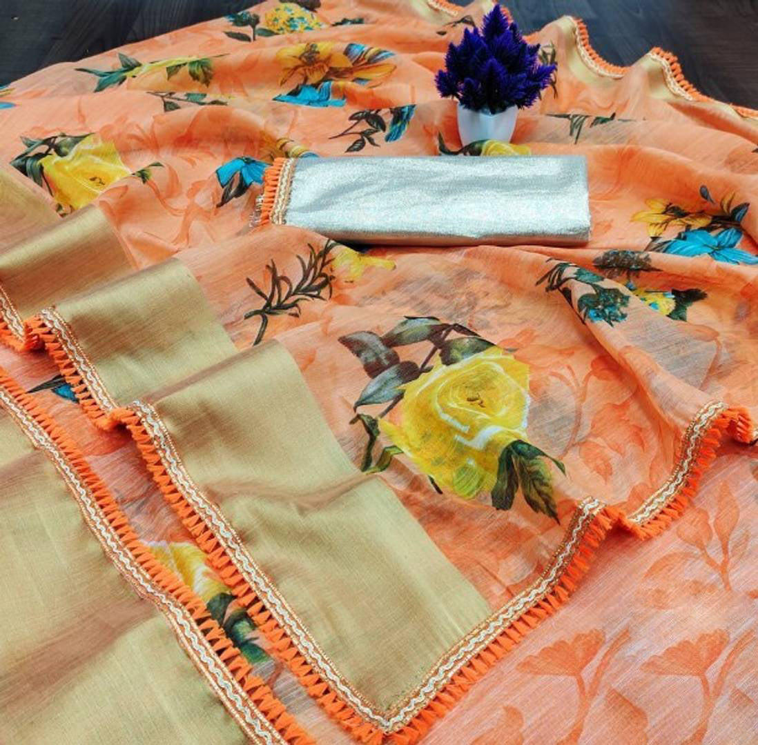 Charming Linen Floral Printed Zari Woven Border Saree