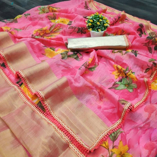 Charming Linen Floral Printed Zari Woven Border Saree