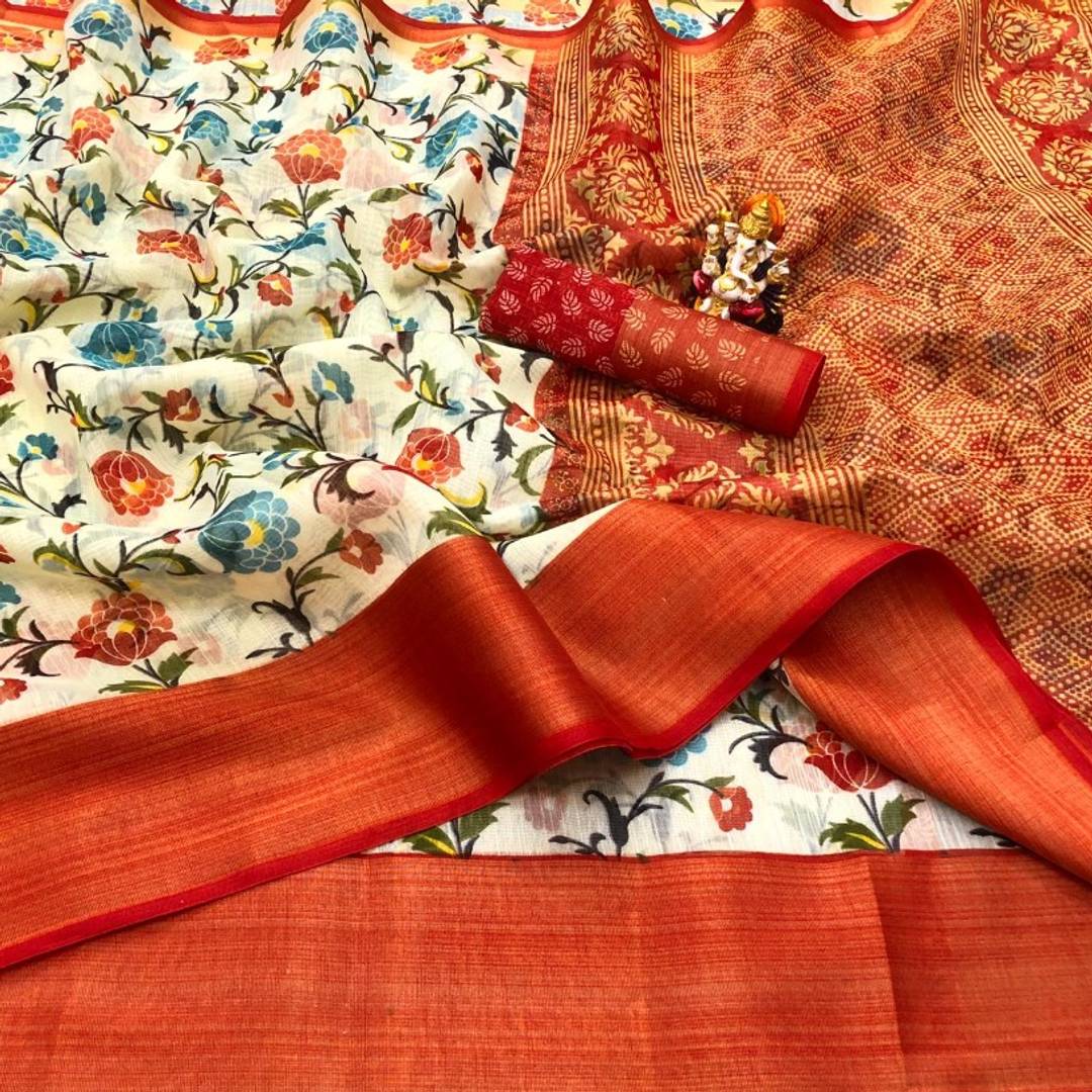 Voguish Soft Cotton Printed Zari Border Saree