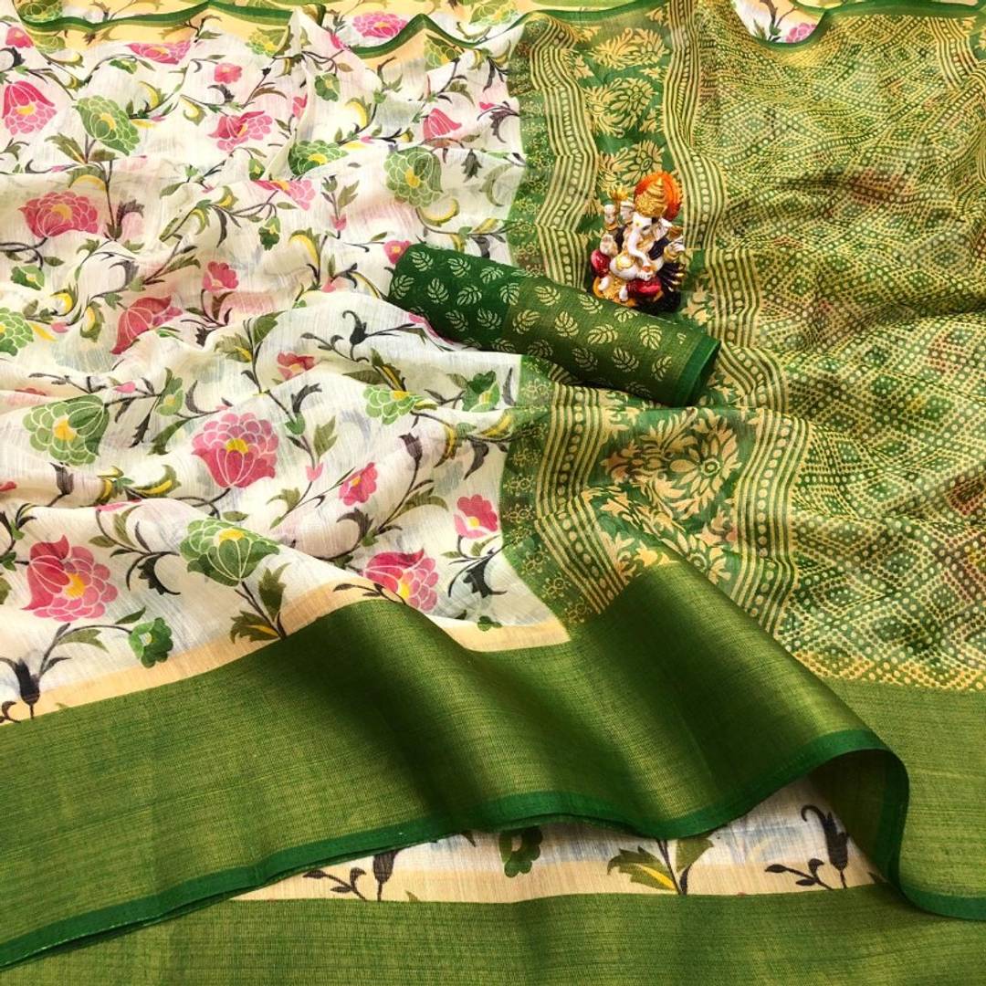 Voguish Soft Cotton Printed Zari Border Saree