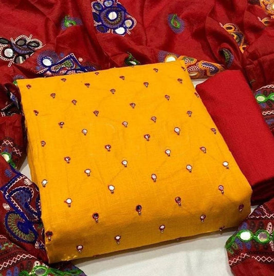 Dazzling Cotton Slub With Mirror Work Salwar Suit Dress Material