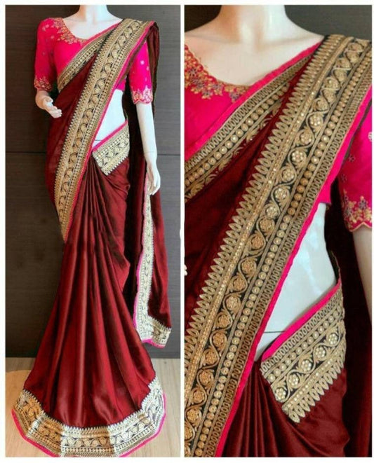 Attractive Vichitra Silk Embroidered Saree with Blouse piece