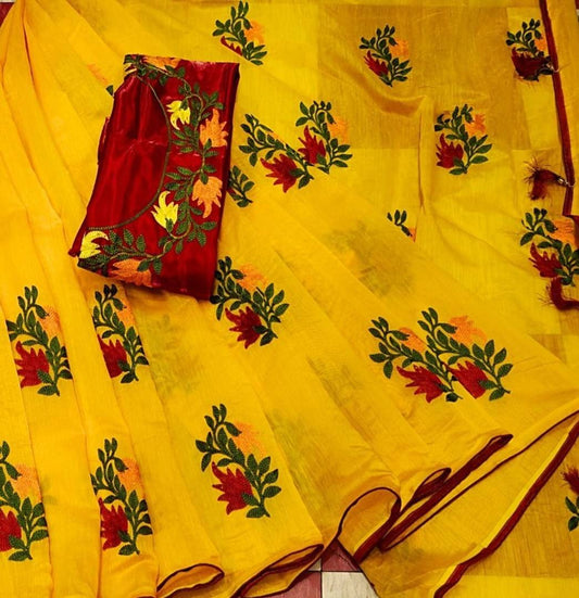 Trendy Chanderi Cotton Floral Embroidered Saree