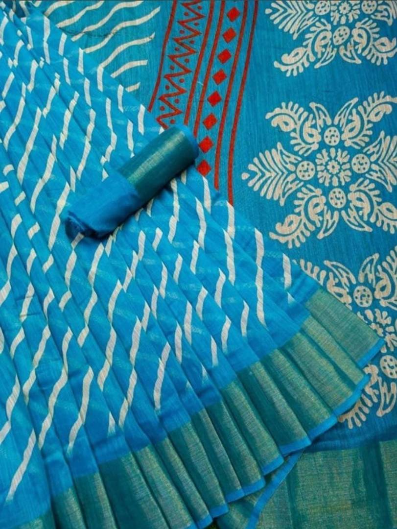Exquisite Soft Cotton Printed Zari Border Saree